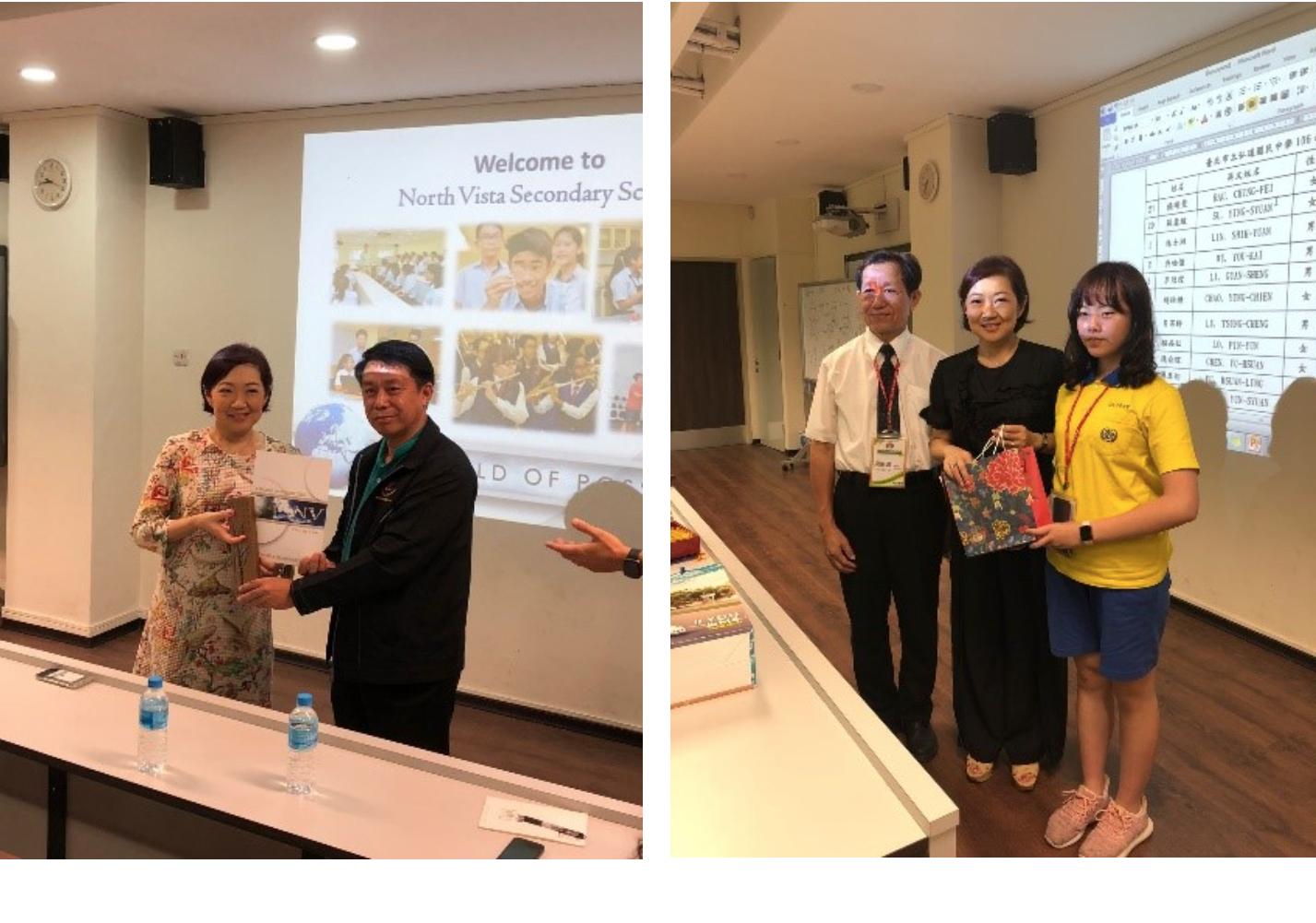 Two side-by-side photos of people exchanging gifts in classrooms with projector screens showing North Vista Secondary School.